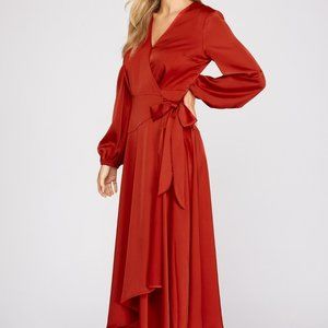 NWT She And Sky Long Sleeve Maxi Satin Wrap Dress With Front Side Tie In Rust